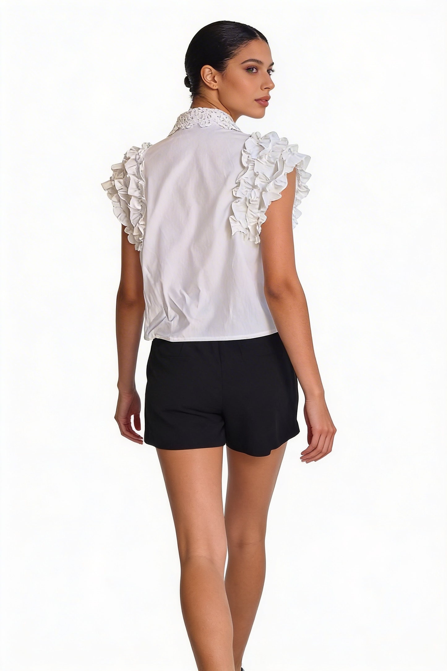 Embroidered Lace-Collar Ruffle Blouse