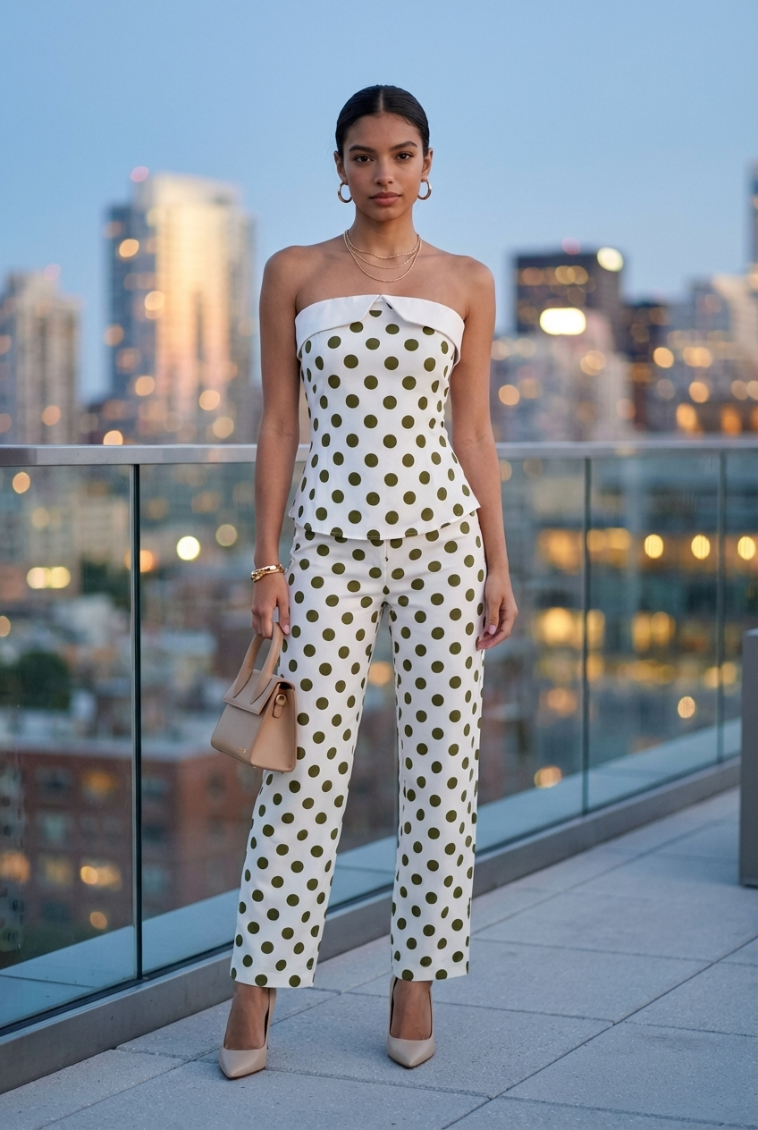 Polka Dot Strapless Peplum & Trouser Set