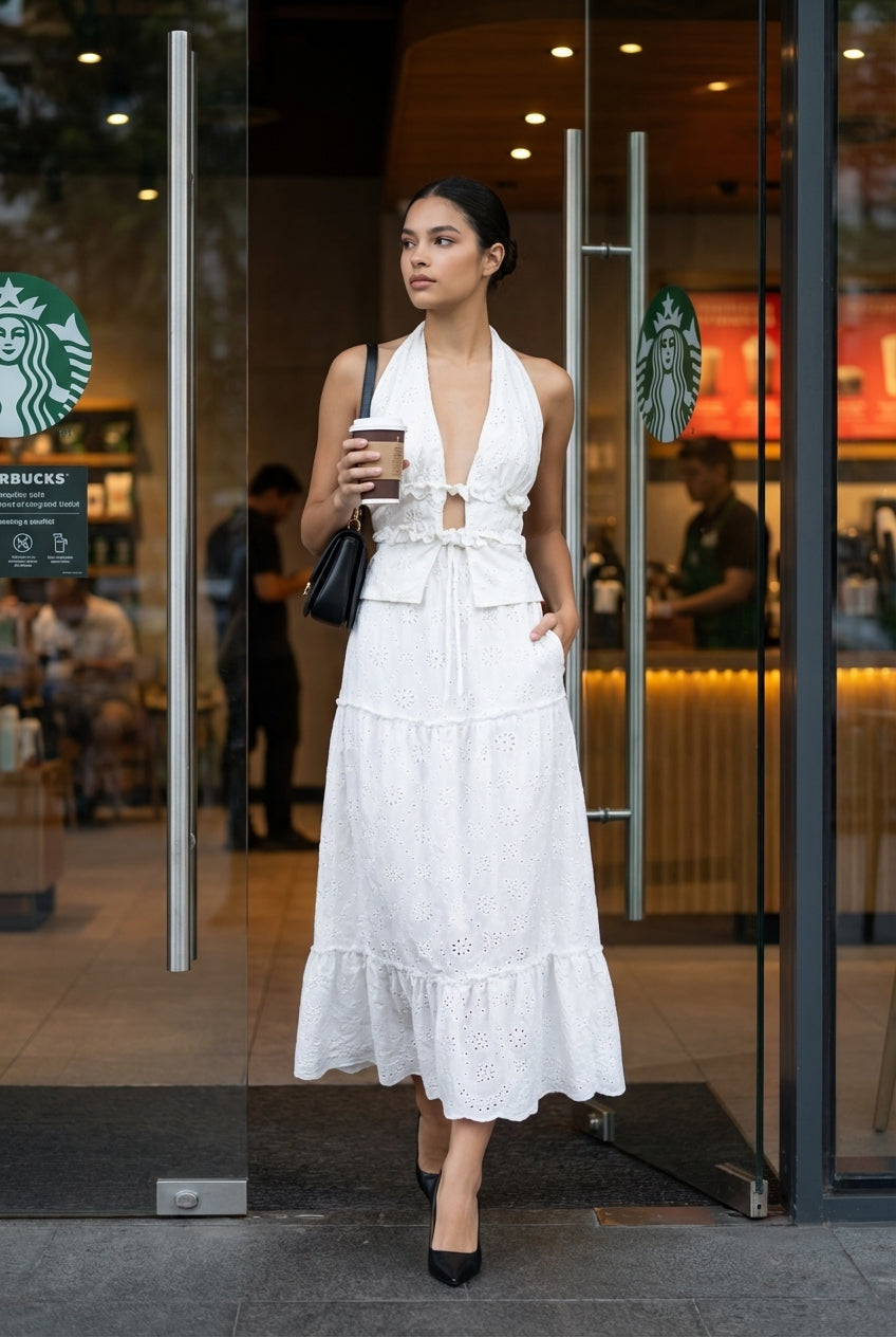 Eyelet Halter Top & Tiered Skirt Set