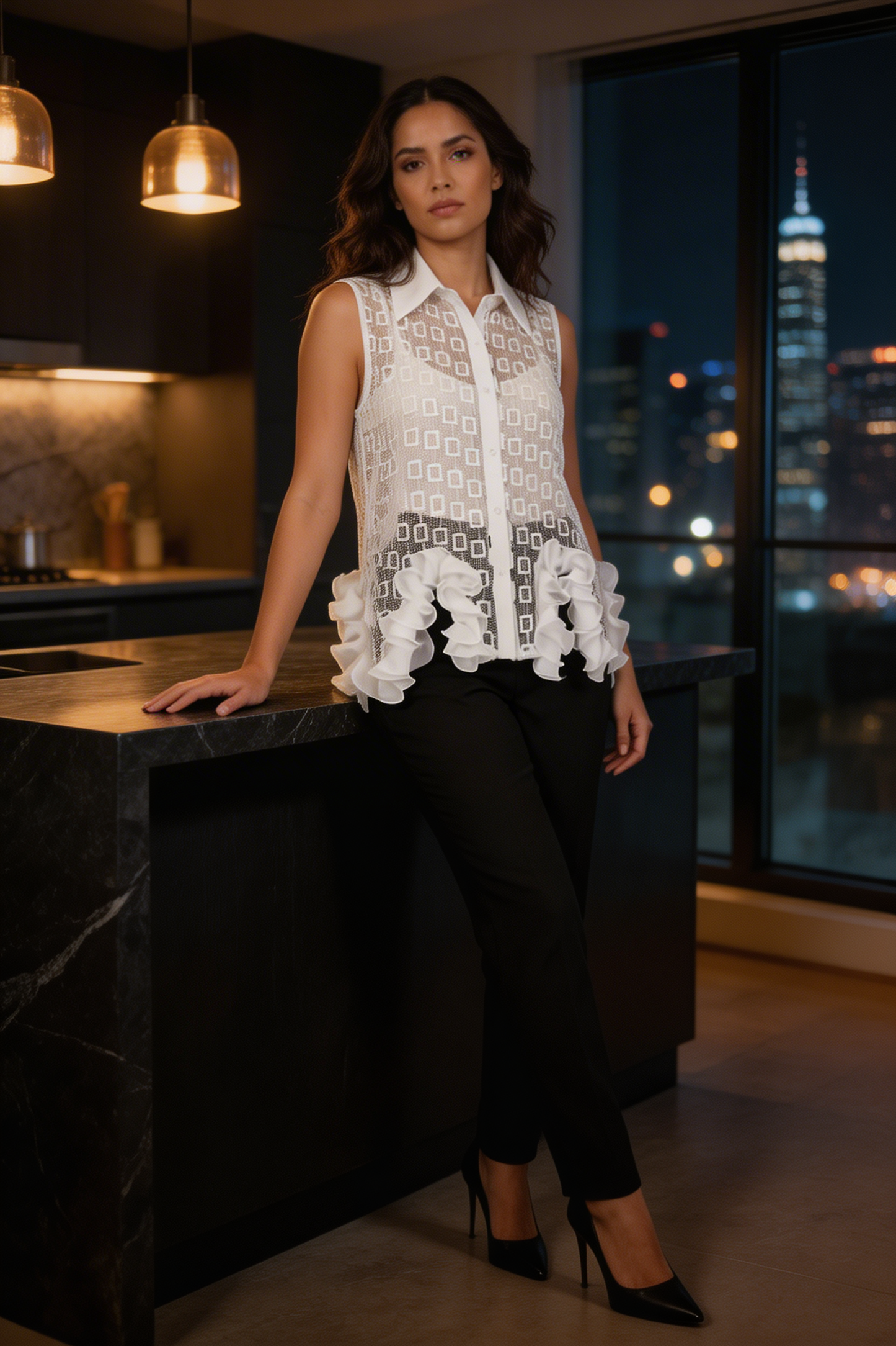 Sheer Geometric Ruffle-Hem Sleeveless Blouse