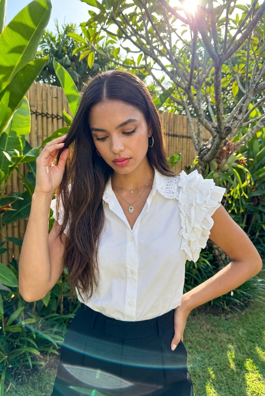 Embroidered Lace-Collar Ruffle Blouse