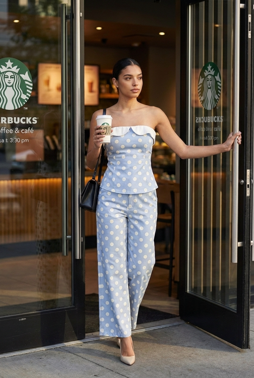 Polka Dot Strapless Peplum & Trouser Set