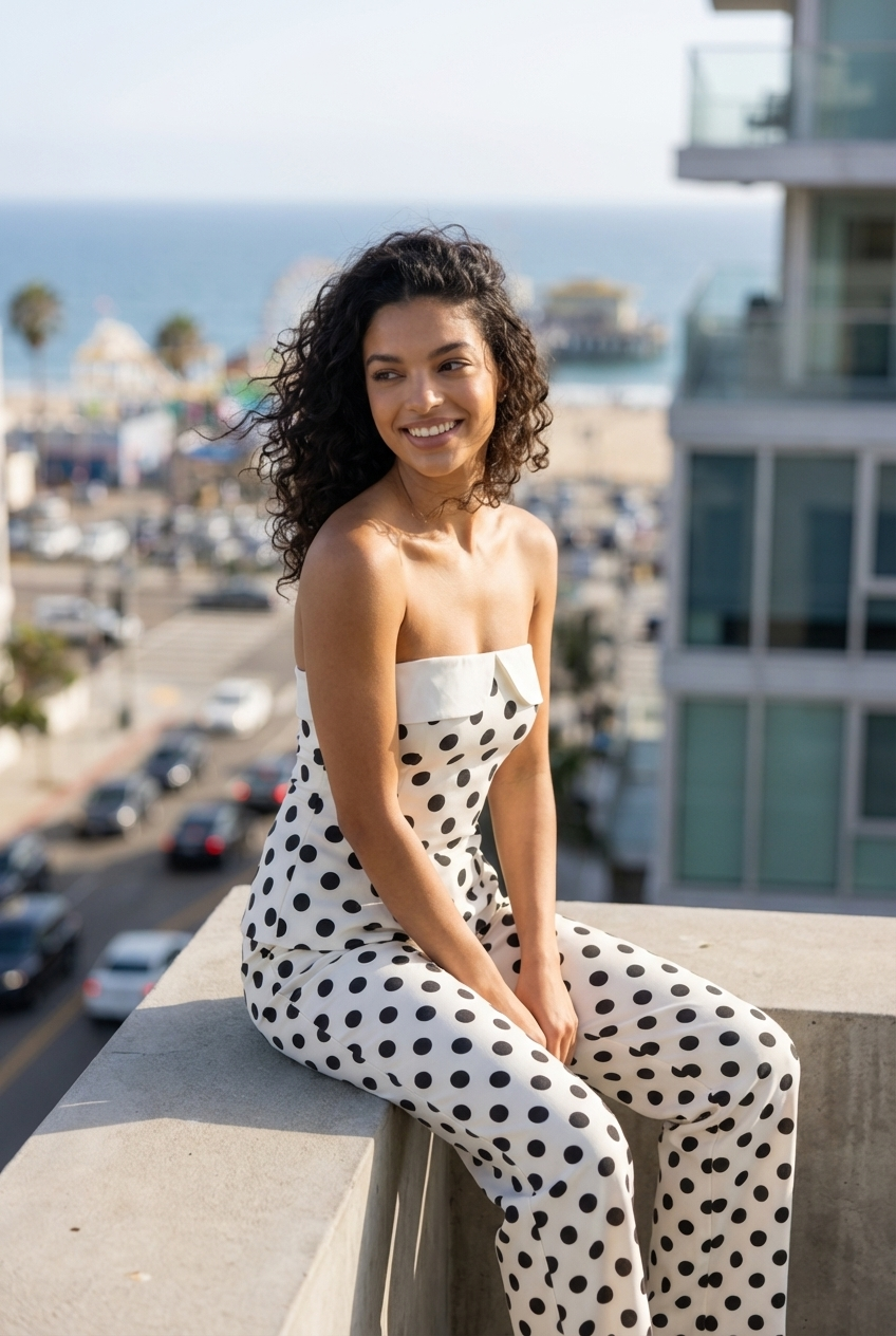 Polka Dot Strapless Peplum & Trouser Set