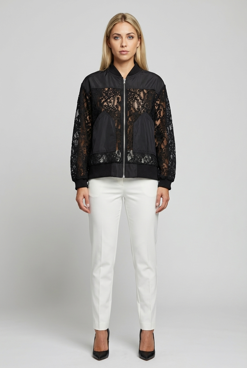 Sheer Floral Lace Bomber Jacket