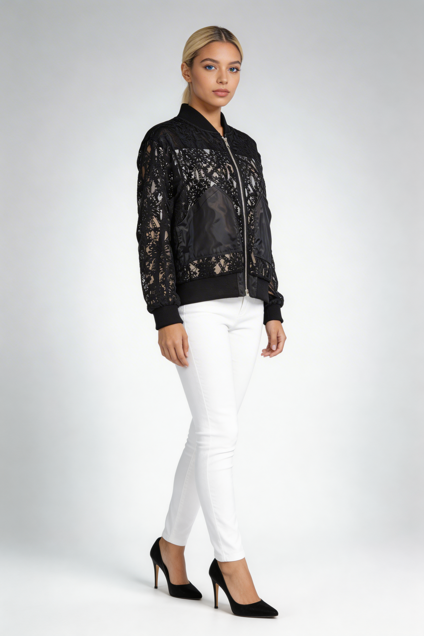 Sheer Floral Lace Bomber Jacket