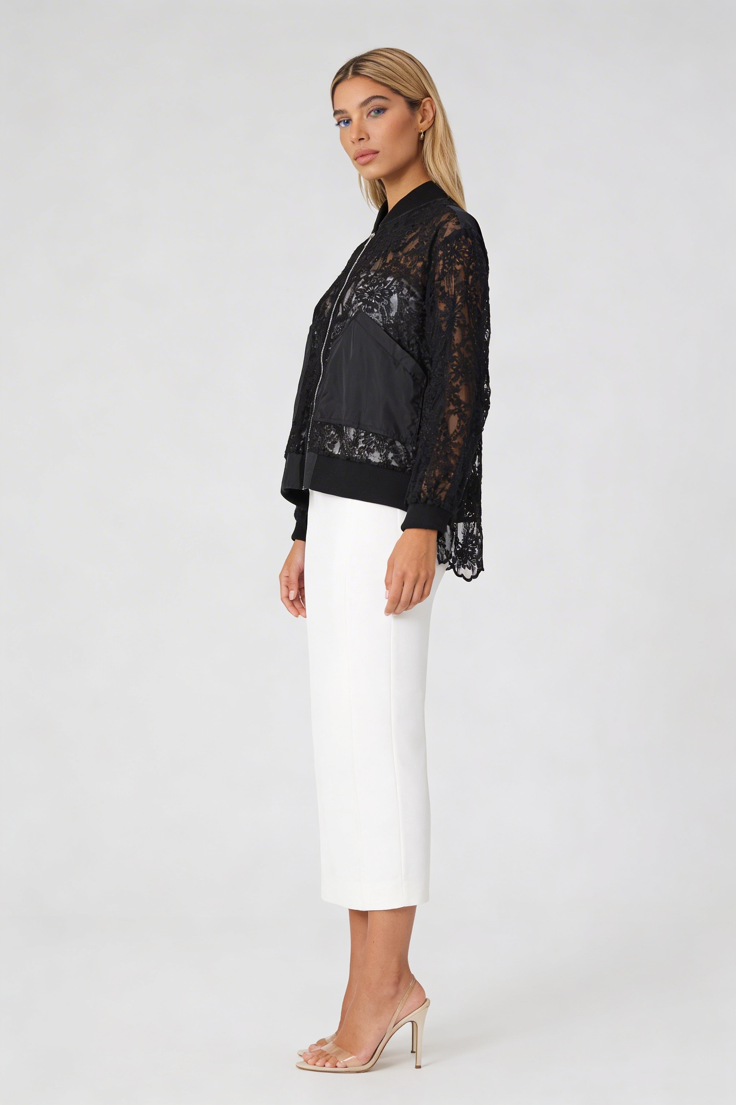 Sheer Floral Lace Bomber Jacket