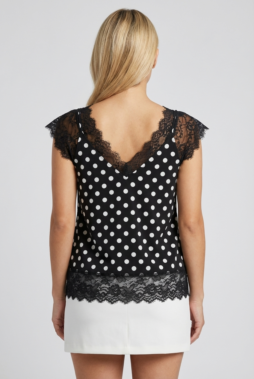 Polka Dot Lace-Trim Sleeveless Top