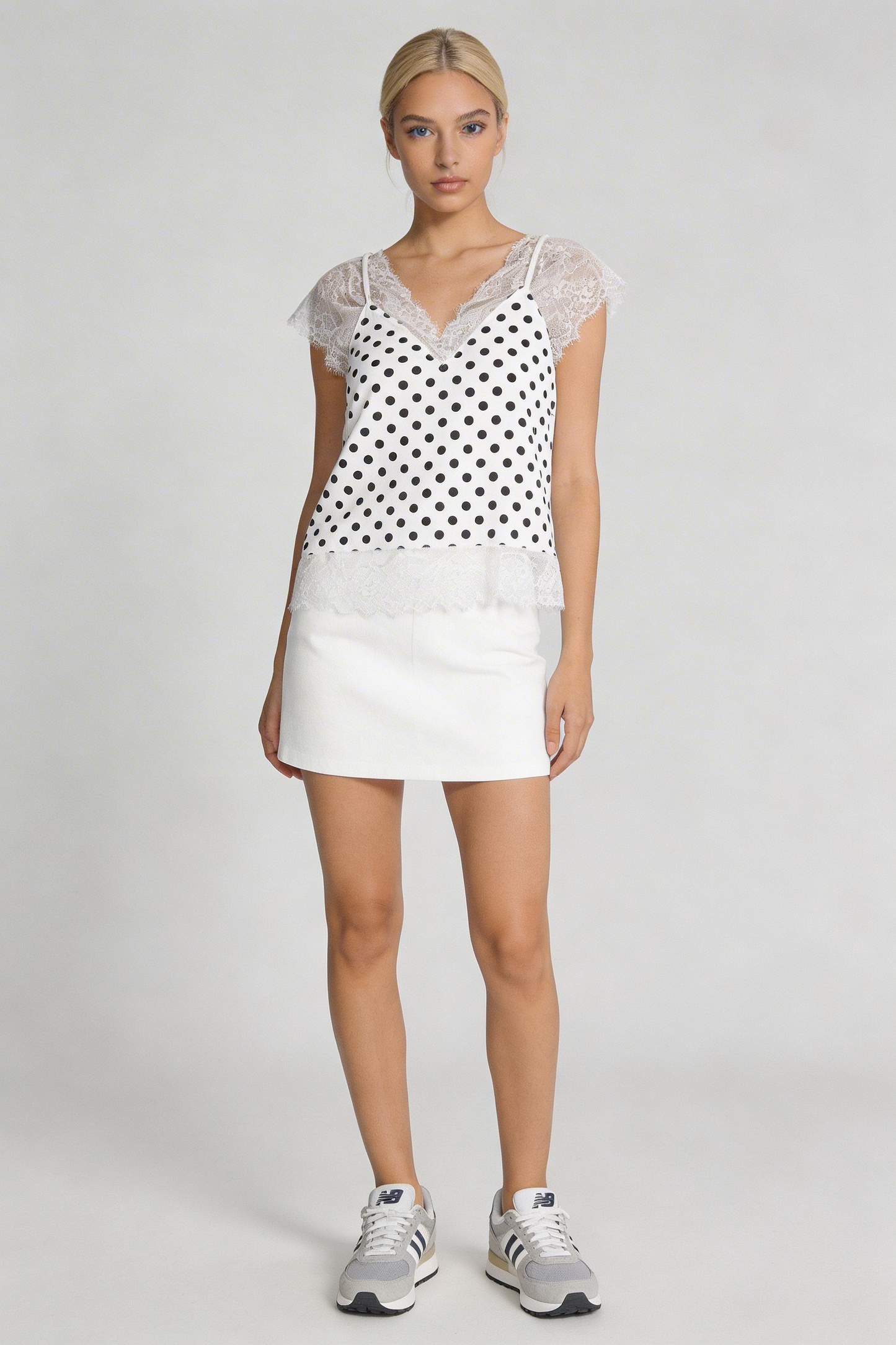 Polka Dot Lace-Trim Sleeveless Top