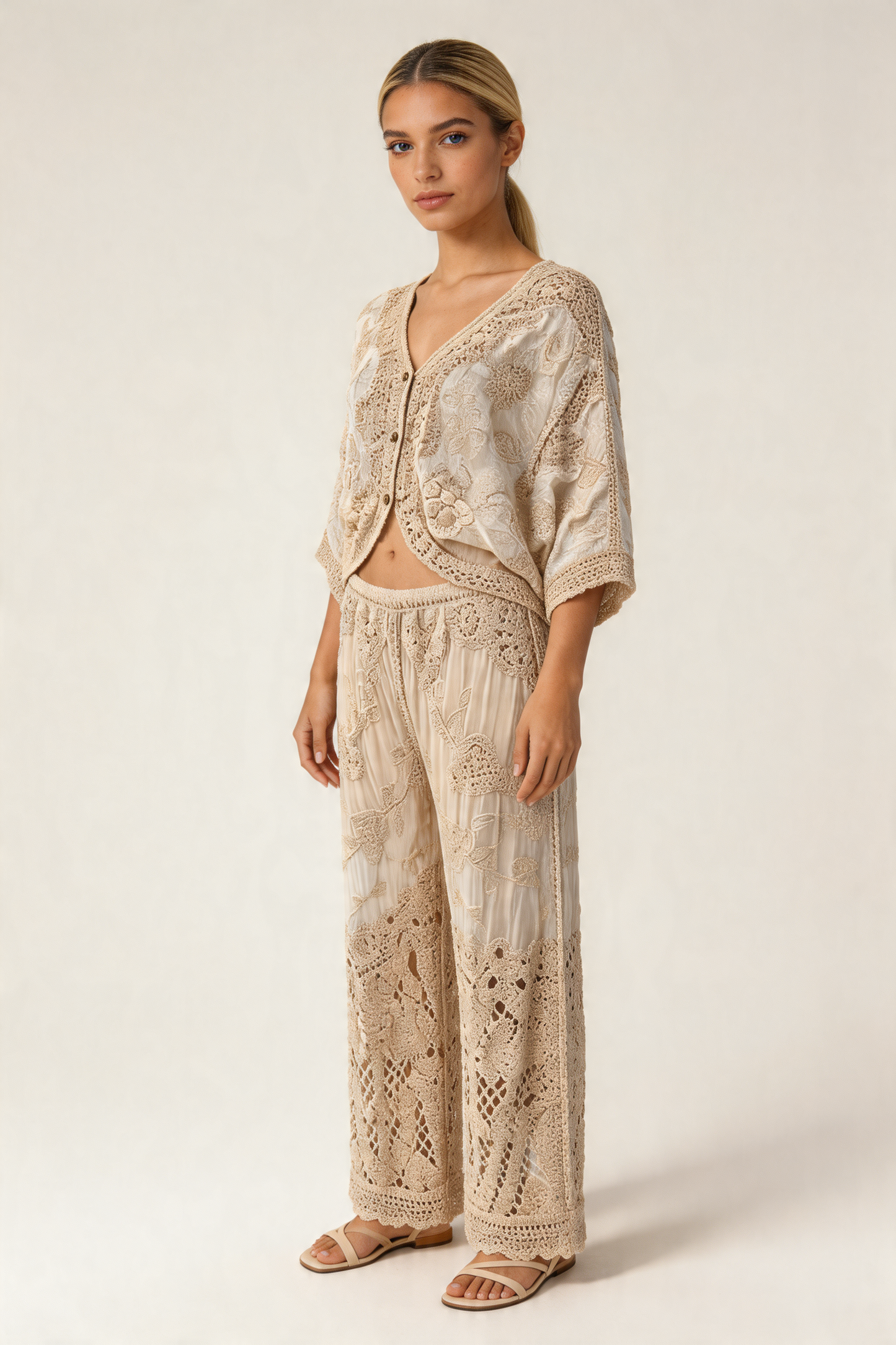 Bohemian Floral Crochet Trouser Set