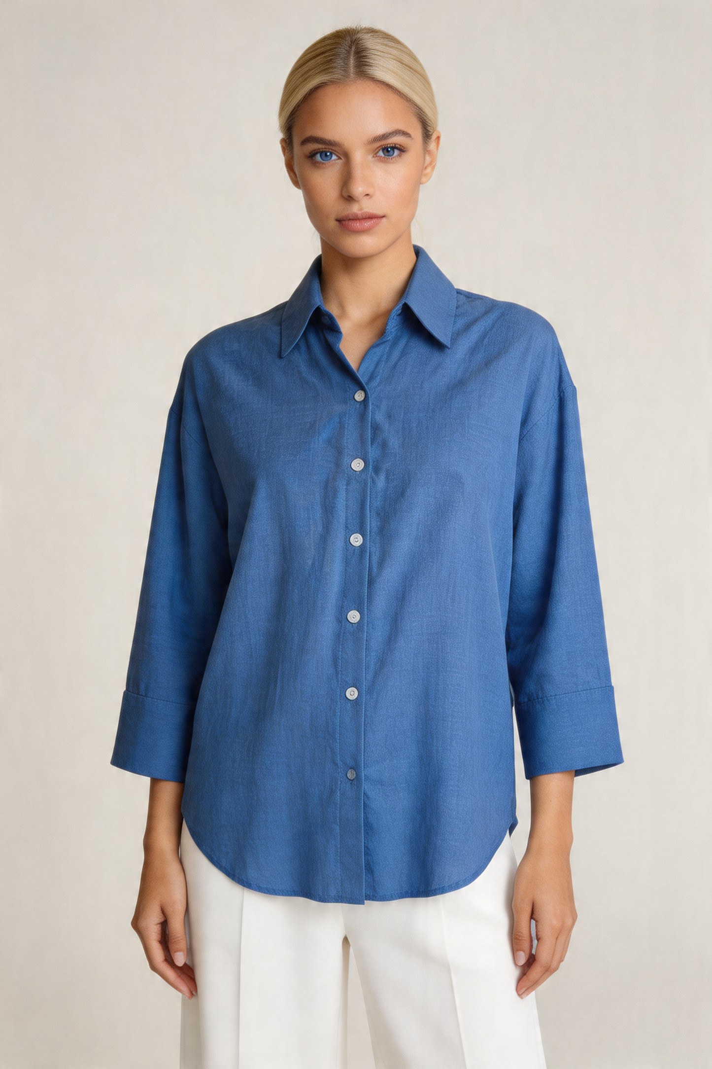 Relaxed 3/4-Sleeve Button-Down Shirt
