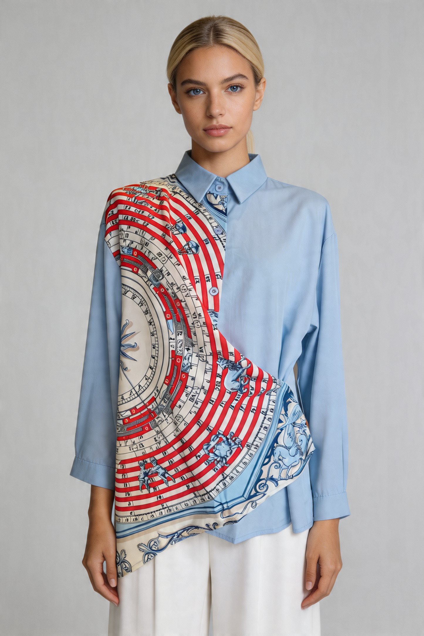 Scarf-Drape Button-Down Shirt