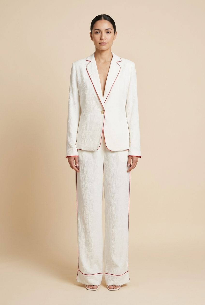Textured Contrast-Piping Suit Set