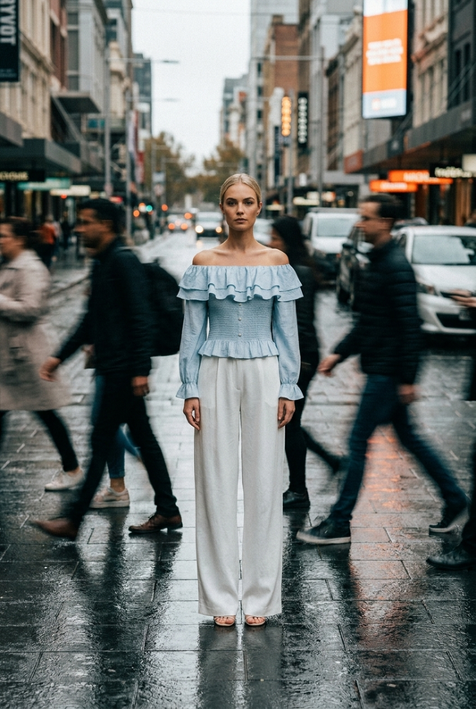 Off-The-Shoulder Smocked Ruffle Blouse