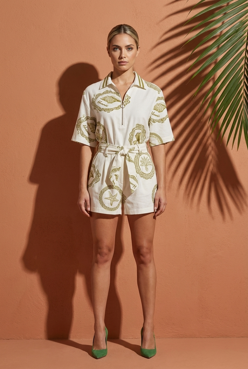 Vintage Tropical Half-Zip Short Set