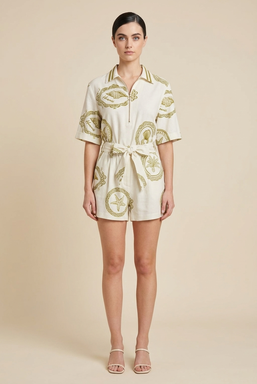 Vintage Tropical Half-Zip Short Set