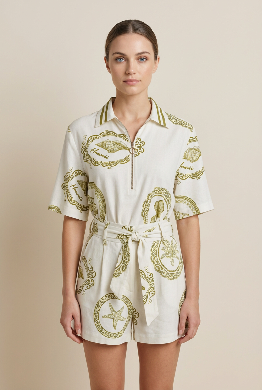 Vintage Tropical Half-Zip Short Set