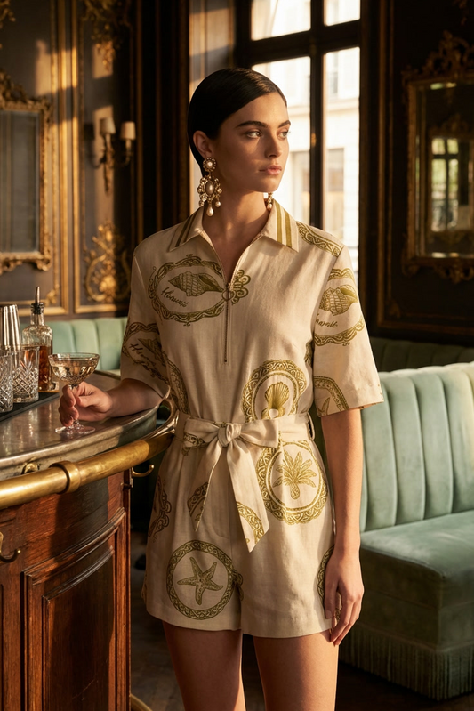 Vintage Tropical Half-Zip Short Set