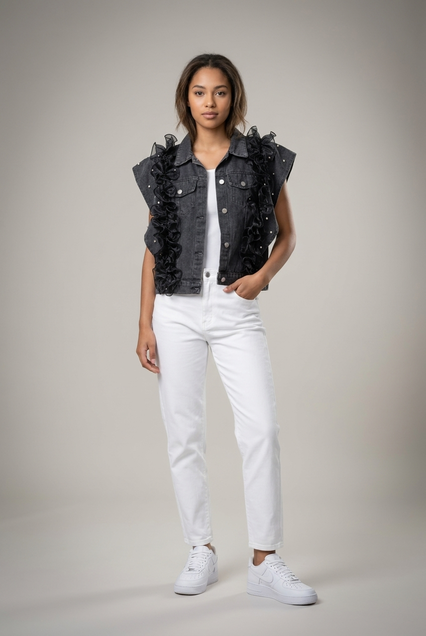 Statement Ruffle-Trim Denim Vest