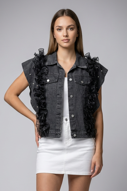 Statement Ruffle-Trim Denim Vest