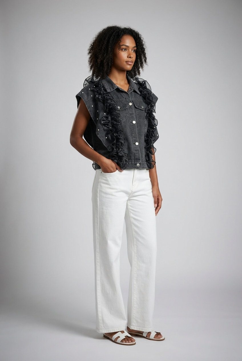 Statement Ruffle-Trim Denim Vest