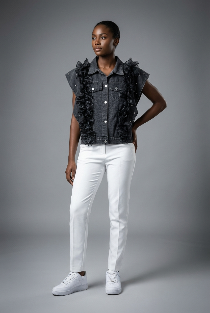 Statement Ruffle-Trim Denim Vest