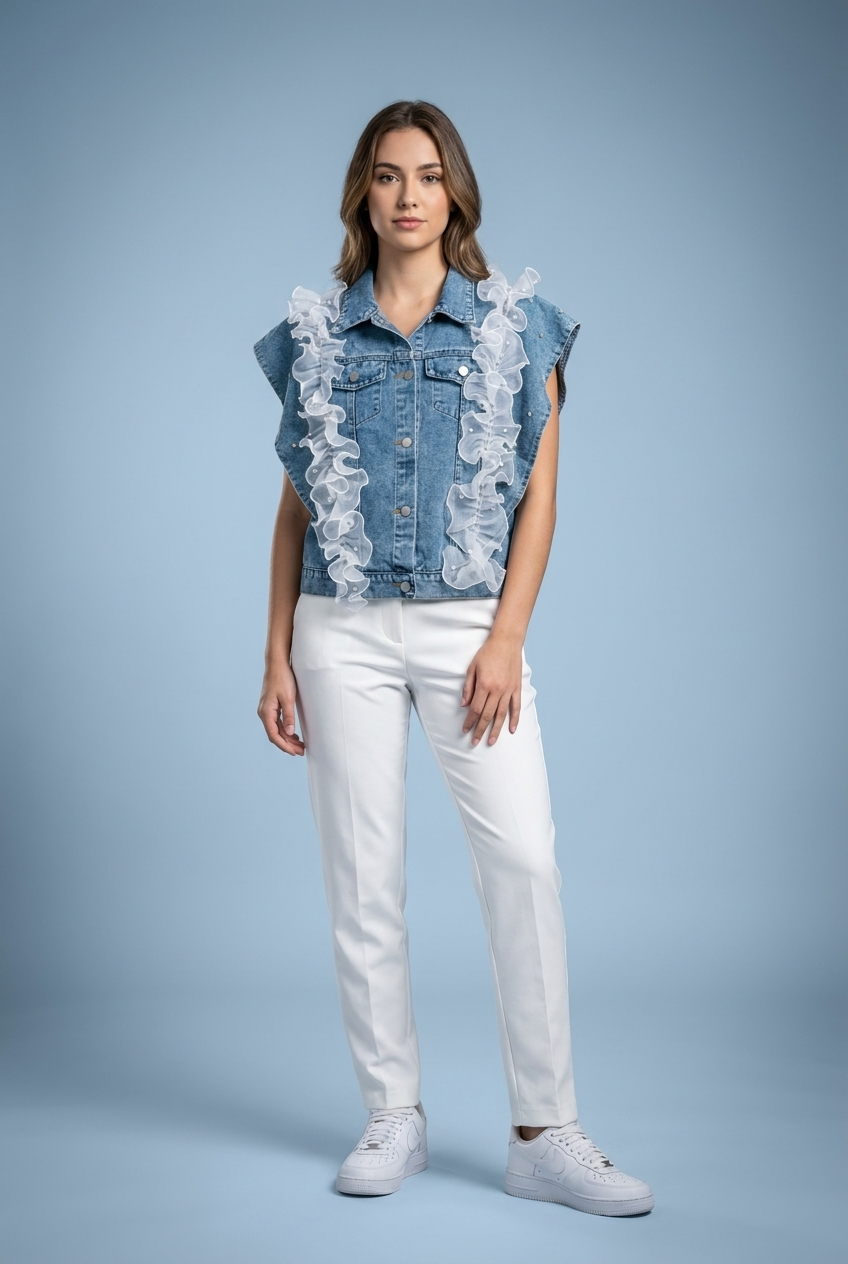 Statement Ruffle-Trim Denim Vest
