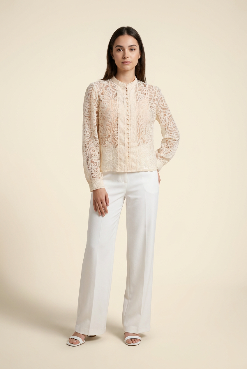 Elegant Sheer Lace Button-Down Blouse & Tank Set