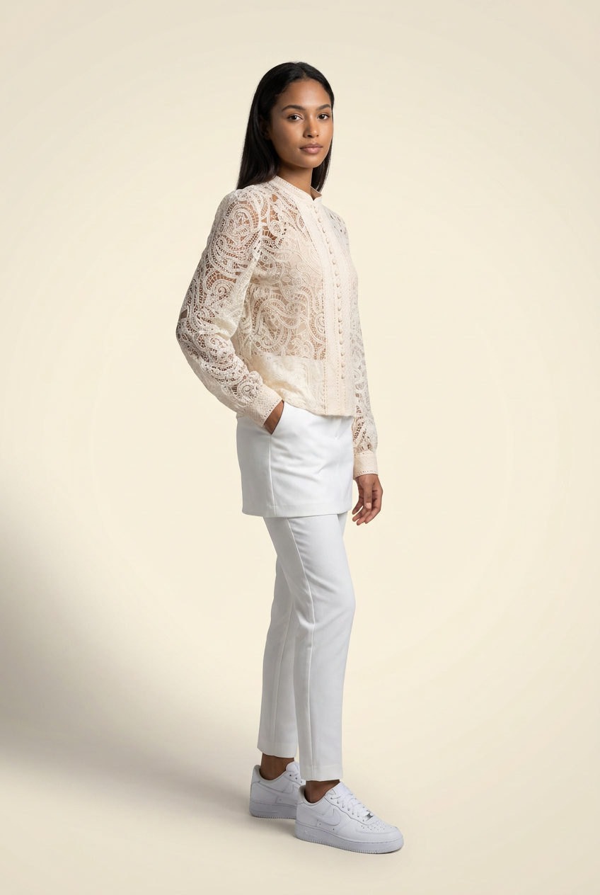 Elegant Sheer Lace Button-Down Blouse & Tank Set