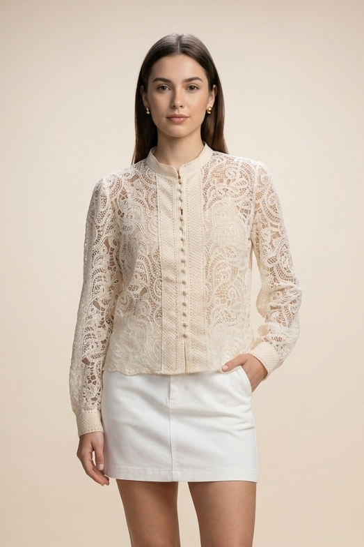Elegant Sheer Lace Button-Down Blouse & Tank Set
