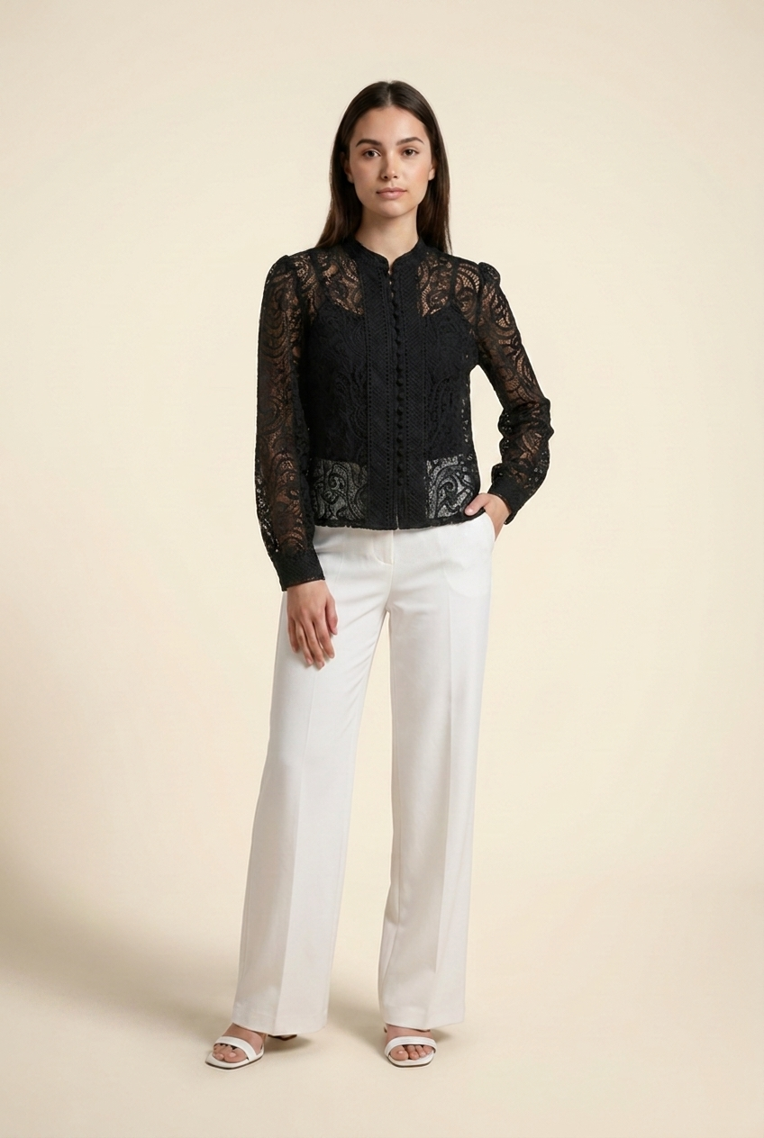 Elegant Sheer Lace Button-Down Blouse & Tank Set