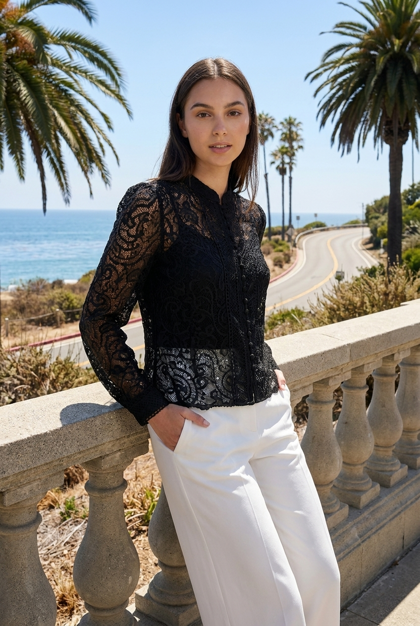 Elegant Sheer Lace Button-Down Blouse & Tank Set