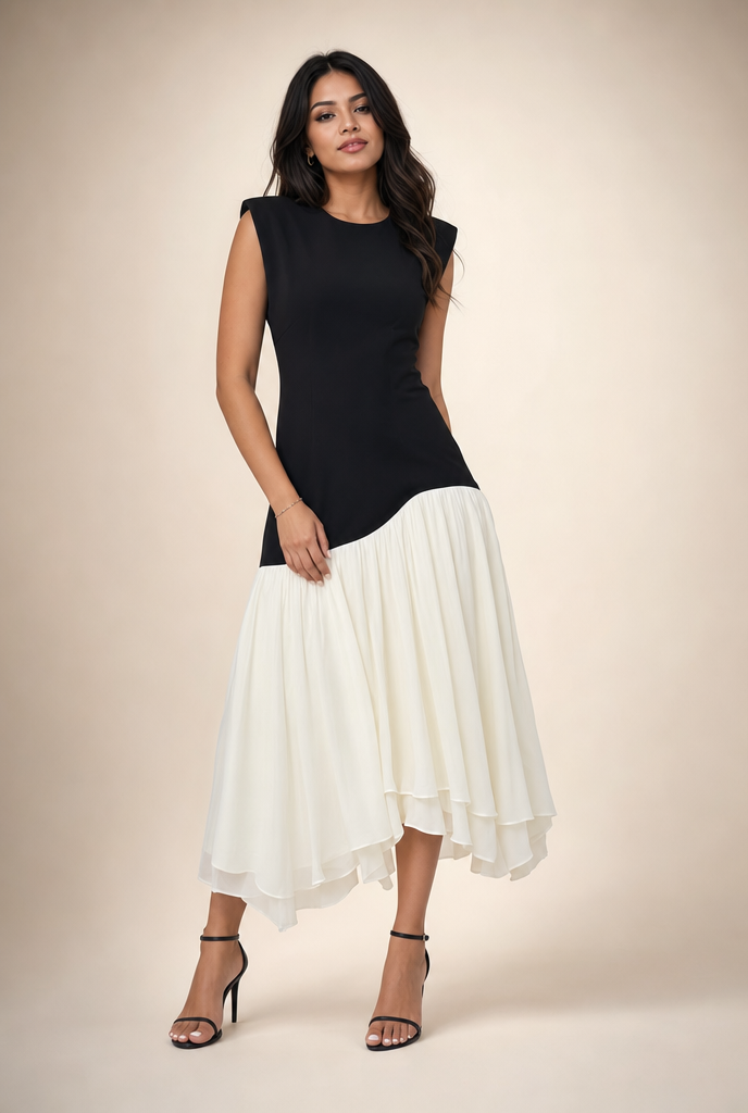 Drop-Waist Asymmetrical Midi Dress