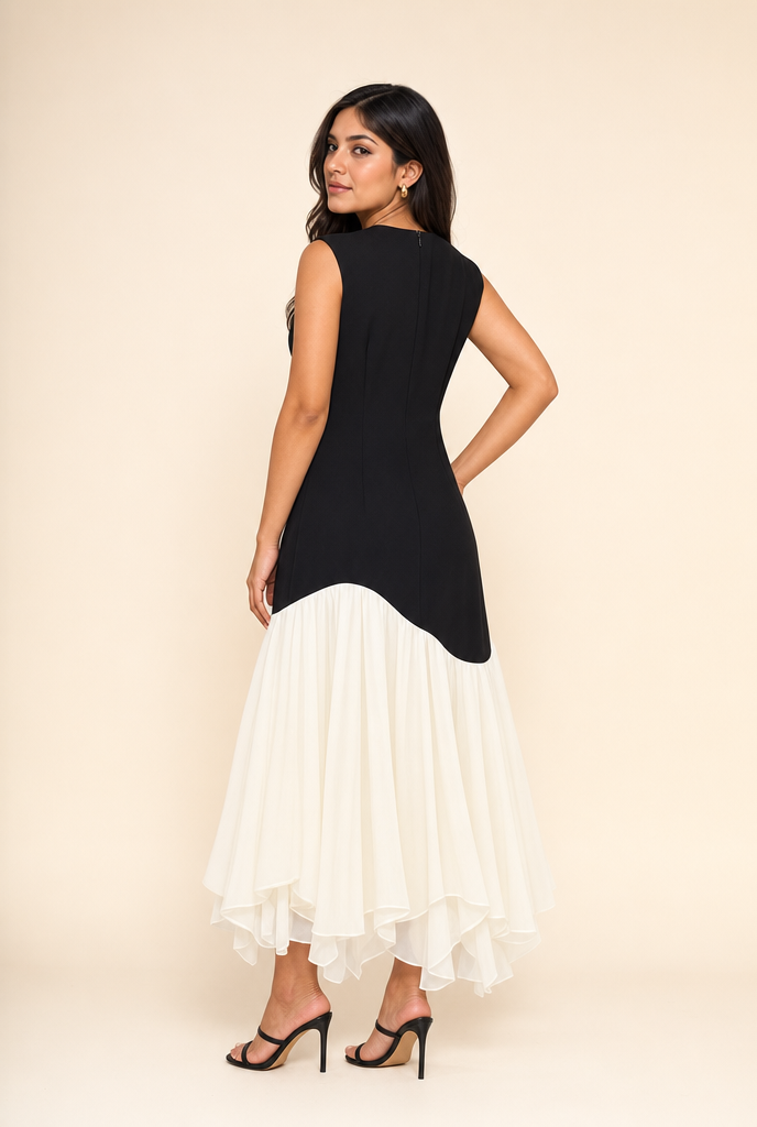 Drop-Waist Asymmetrical Midi Dress