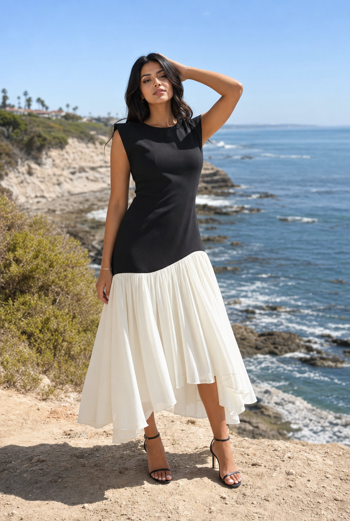 Drop-Waist Asymmetrical Midi Dress