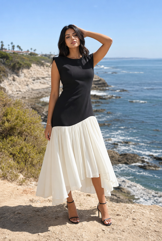 Drop-Waist Asymmetrical Midi Dress