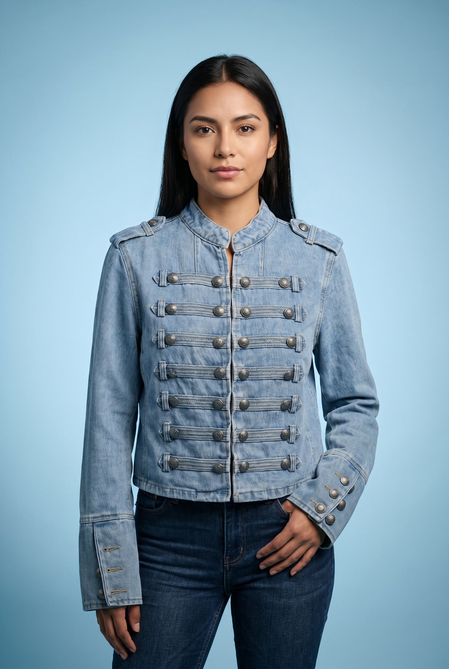 Vintage-Wash Military Denim Jacket