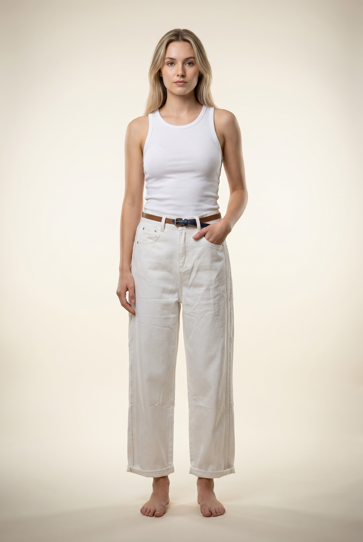 Wide-Leg Pattern-Cuff Denim Jeans
