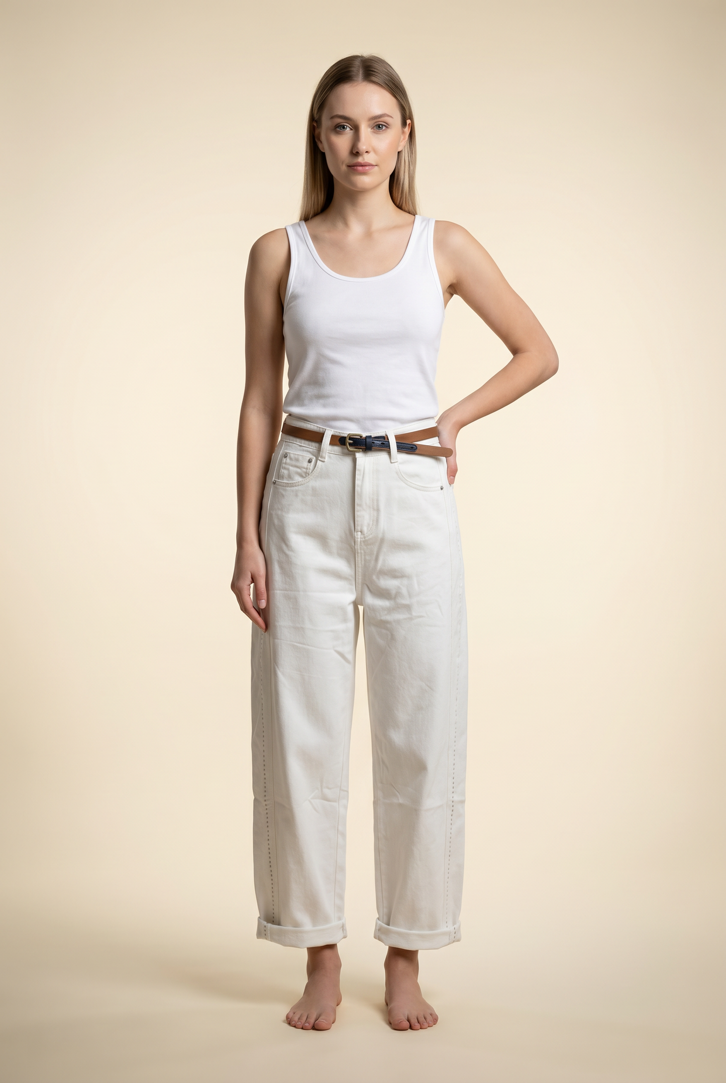 Wide-Leg Pattern-Cuff Denim Jeans