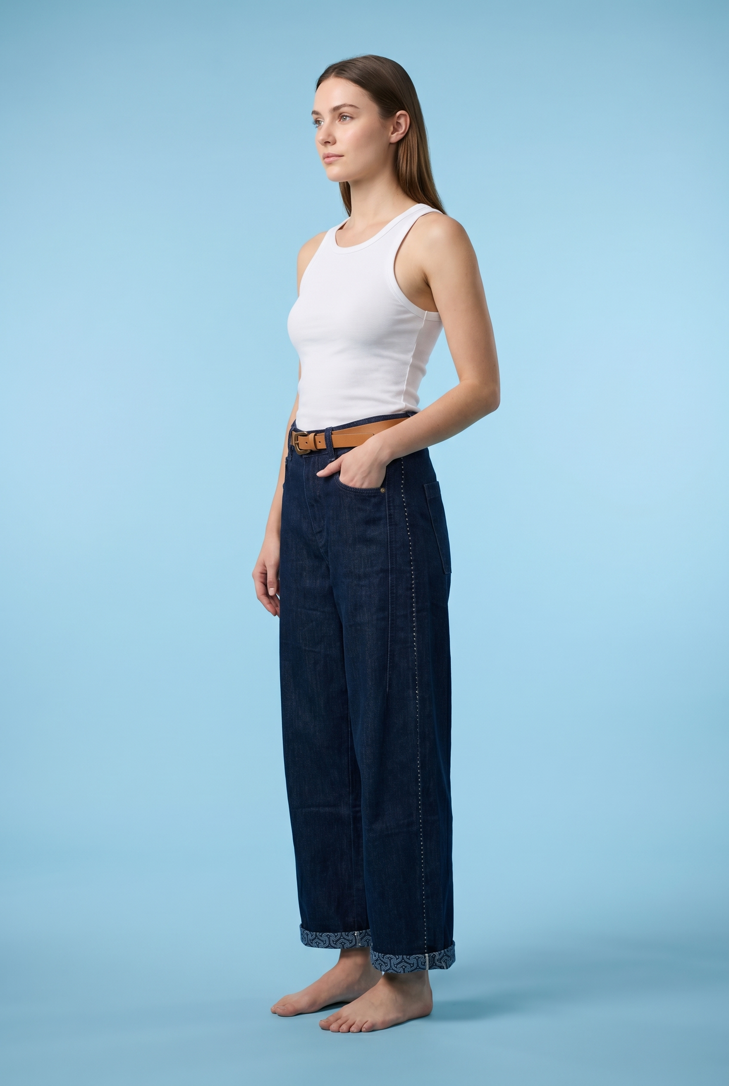 Wide-Leg Pattern-Cuff Denim Jeans