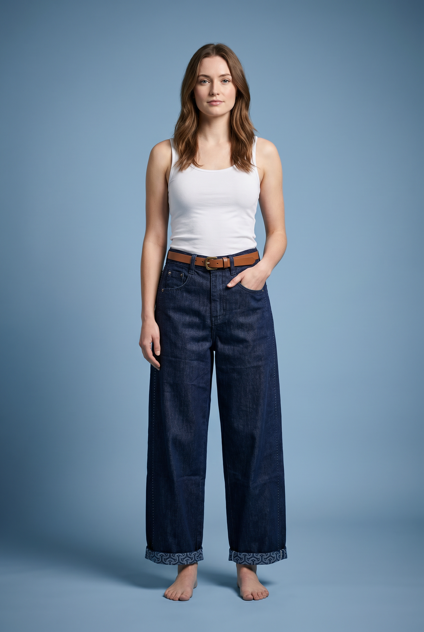 Wide-Leg Pattern-Cuff Denim Jeans