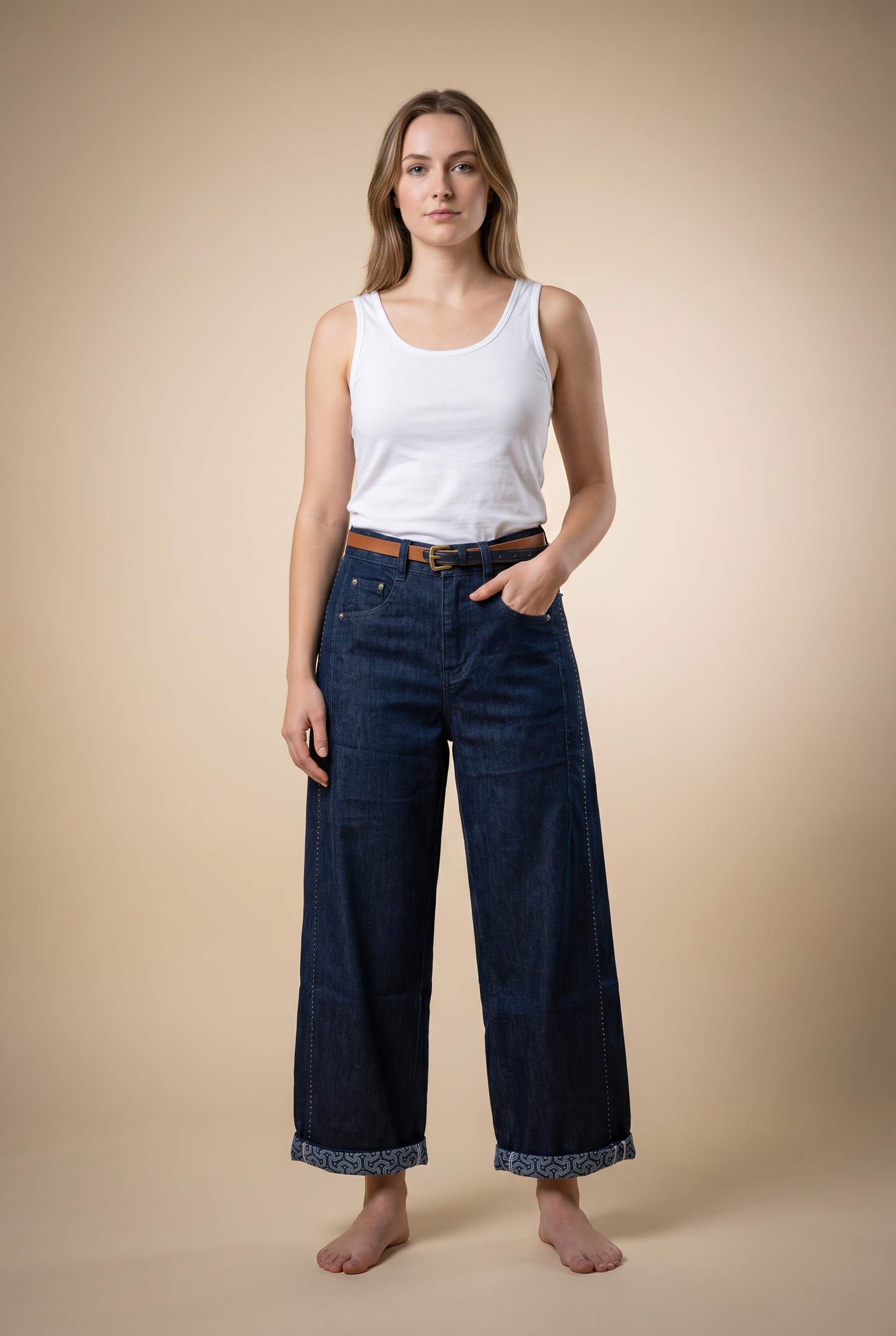 Wide-Leg Pattern-Cuff Denim Jeans