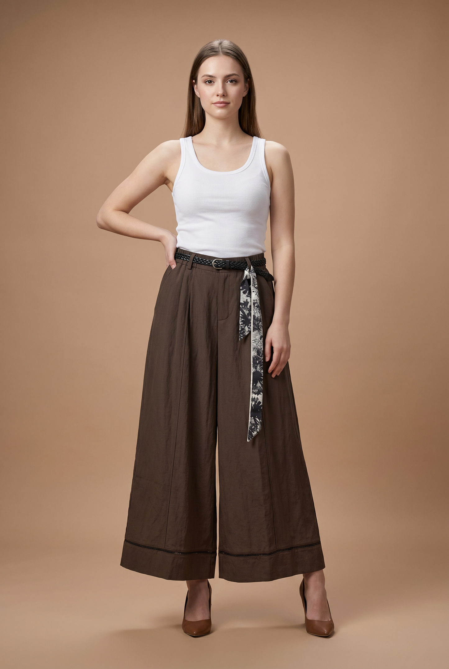 Belted Pleated Wide-Leg Trousers