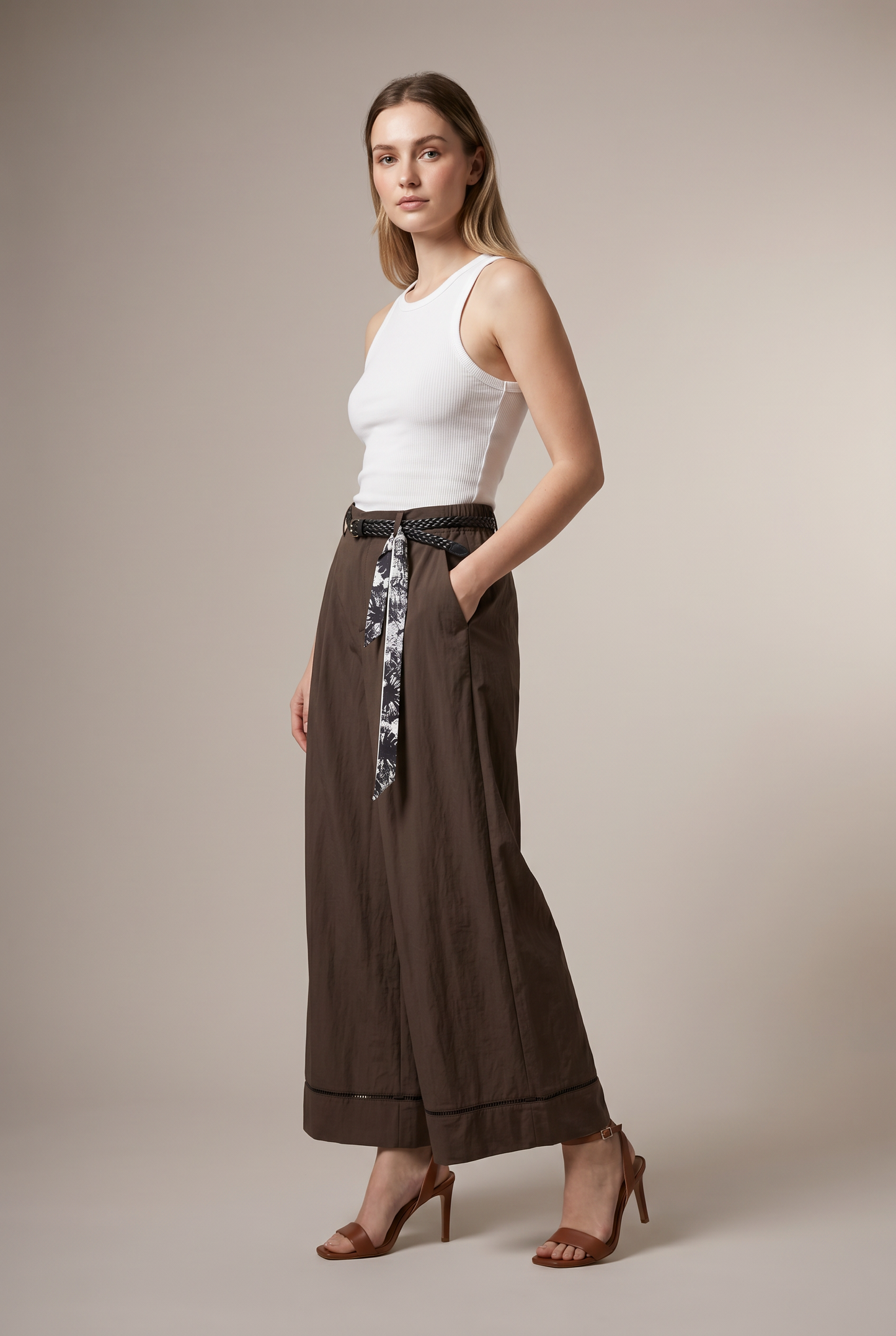 Belted Pleated Wide-Leg Trousers