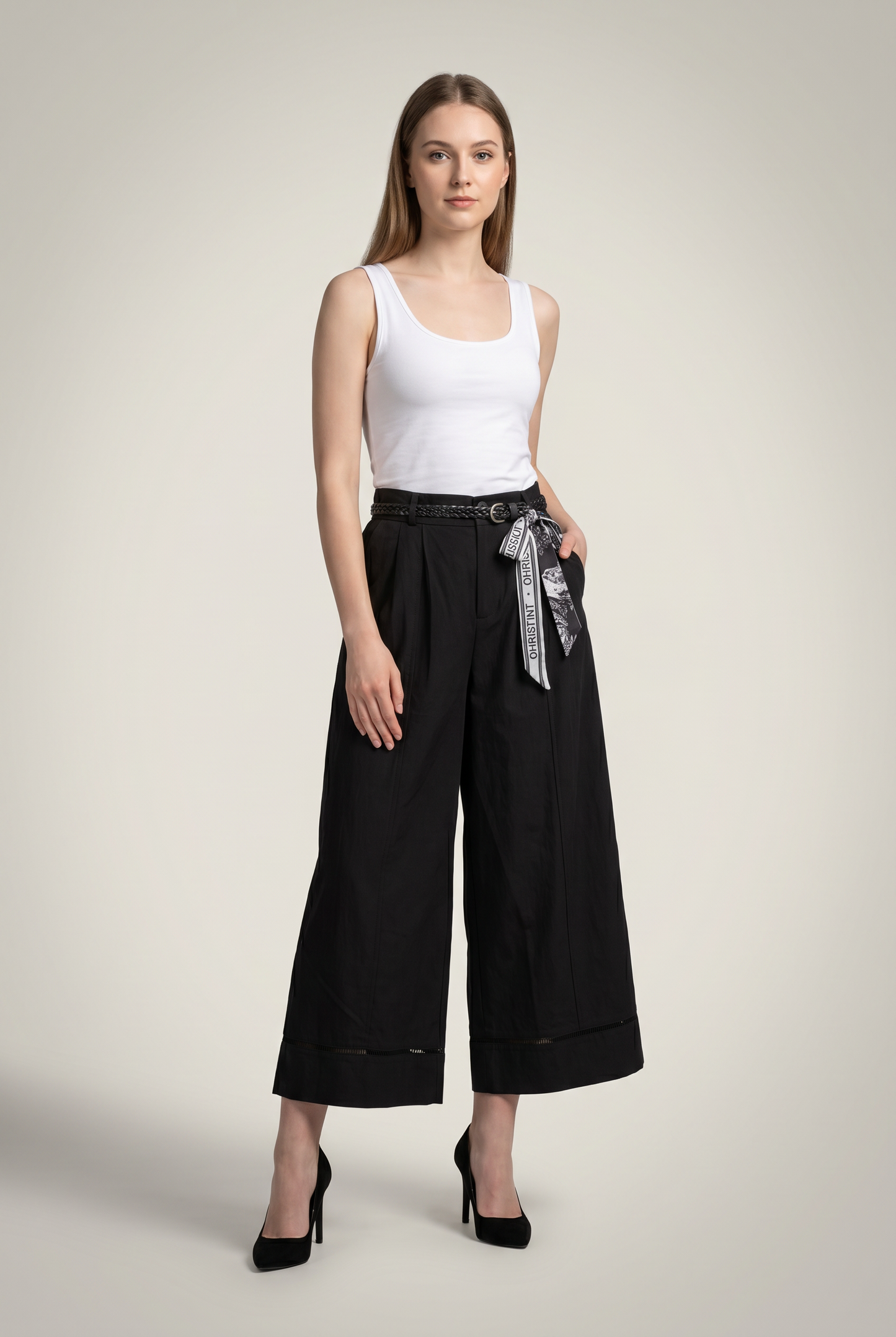 Belted Pleated Wide-Leg Trousers