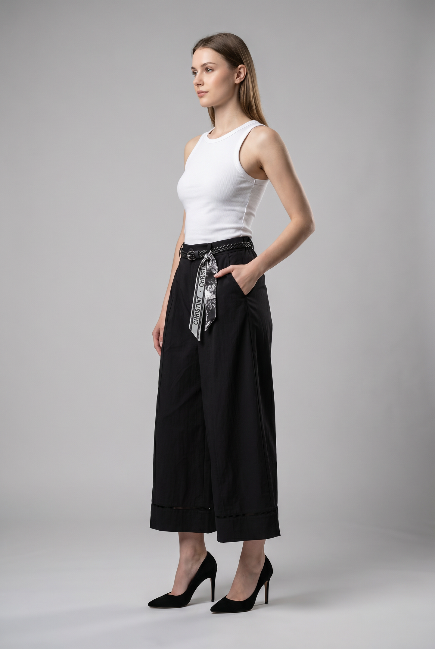 Belted Pleated Wide-Leg Trousers