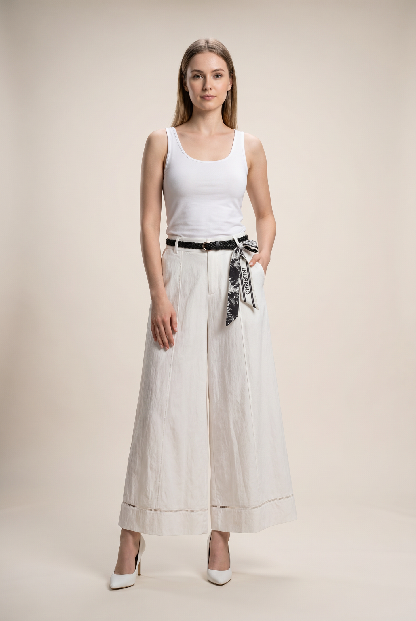 Belted Pleated Wide-Leg Trousers