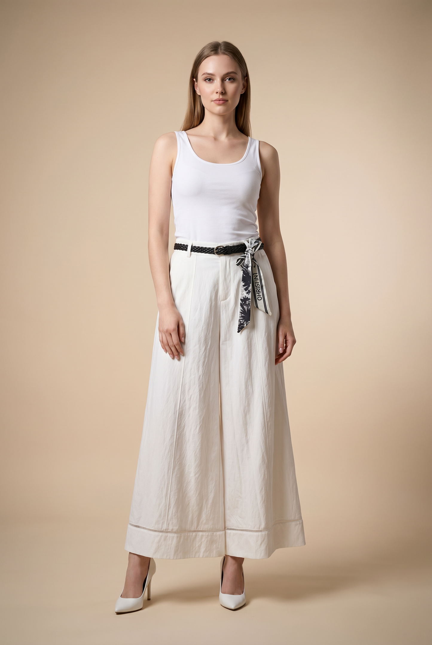 Belted Pleated Wide-Leg Trousers