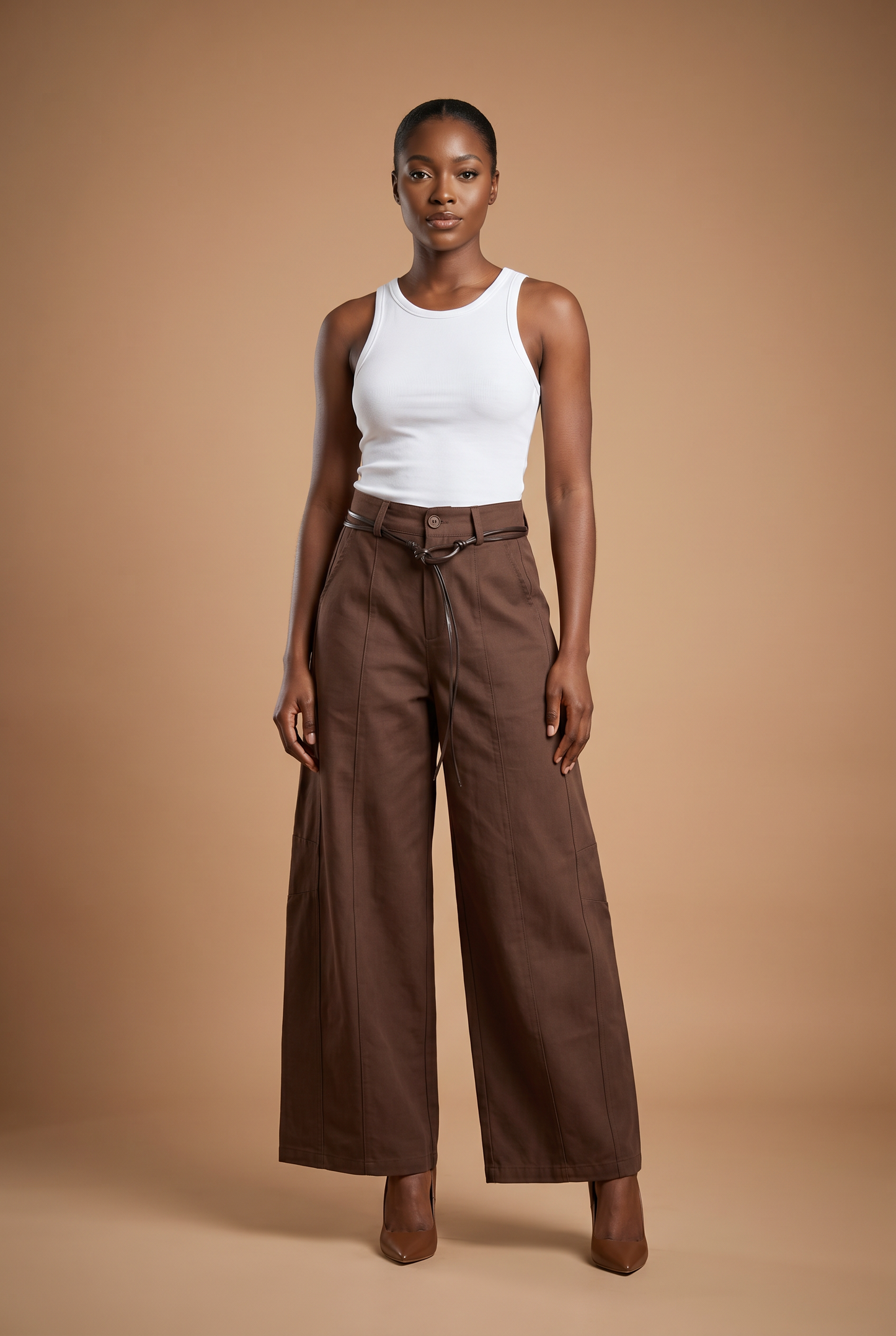 Belted Front-Seam Wide-Leg Trousers