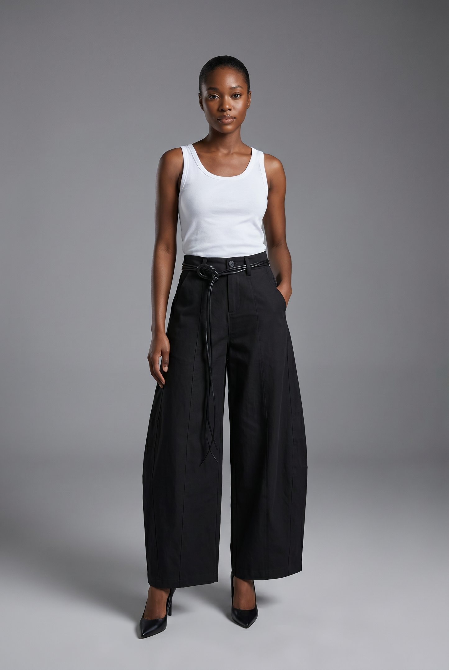 Belted Front-Seam Wide-Leg Trousers