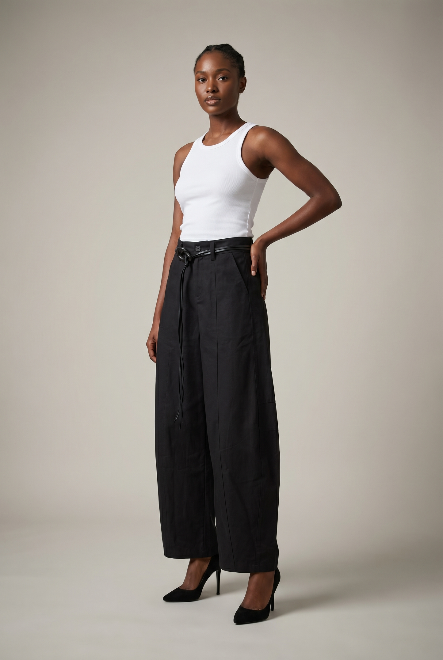Belted Front-Seam Wide-Leg Trousers